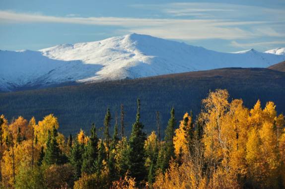 Vegetação com cores de outono e a montanha, já com cores de inverno, 90 km ao norte do Círculo Polar, na Dalton Highway, no Alaska